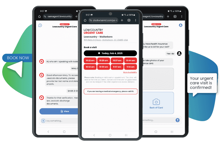 Care Agent: three mobile screens showing patient intake, appointment booking, and insurance collection